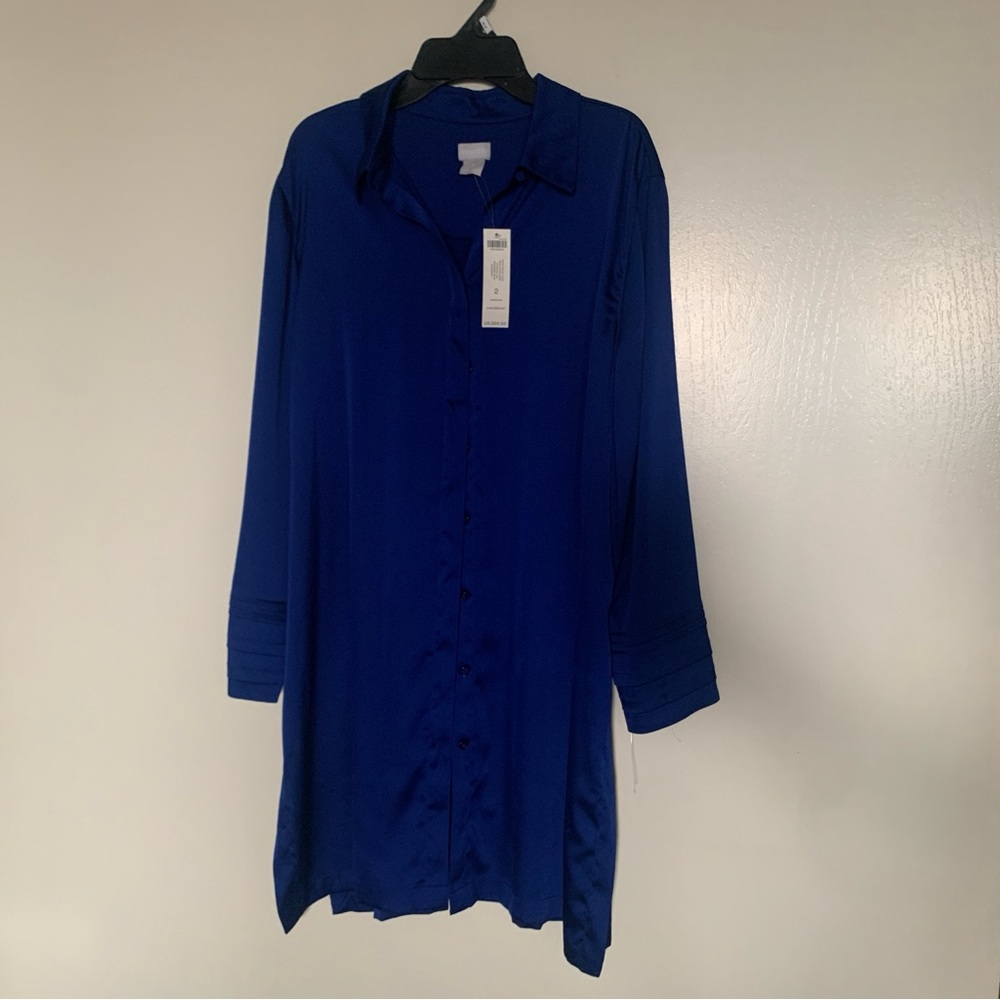 Sold New Chicos royal blue satin tunic Elegant  Women's Top size 2 pleated cuffs